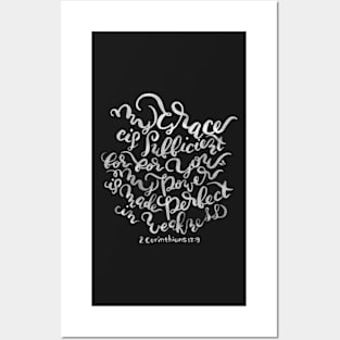 My Grace is Sufficient - 2 Corinthians 12:9 /  White on Black Posters and Art